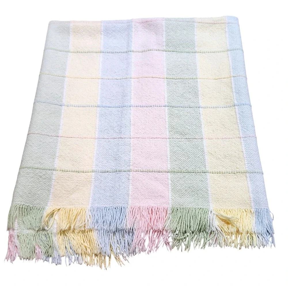 Vintage Plaid Woven Throw Blanket Pastel Fringe Trim Cottagecore Nursery